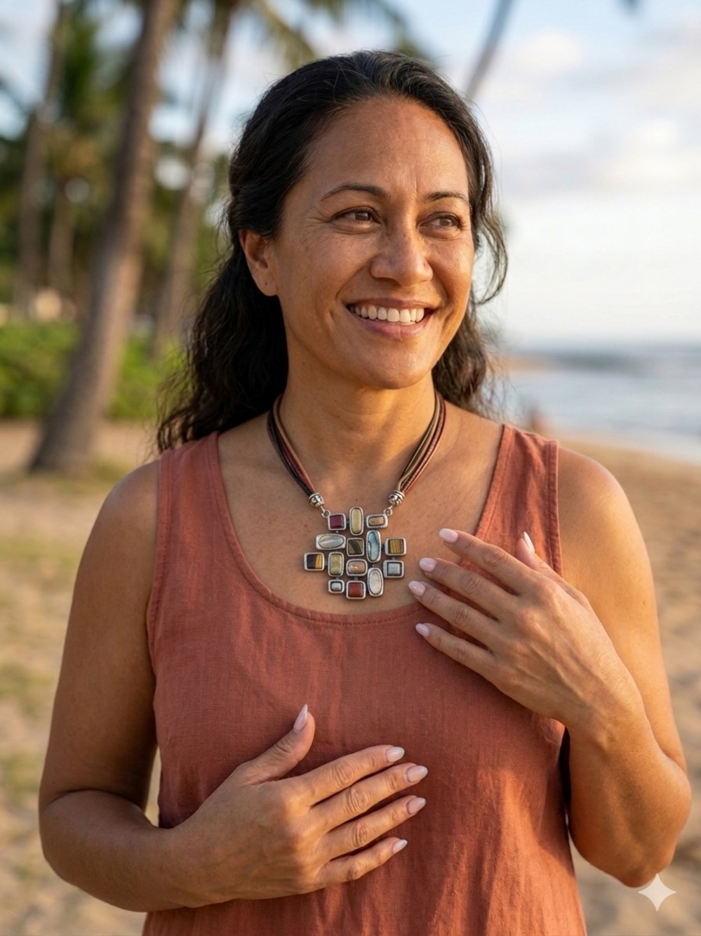 Chico's Multi-Stone Geometric Pendant Necklace in Metallic and Earth Tones - EUC